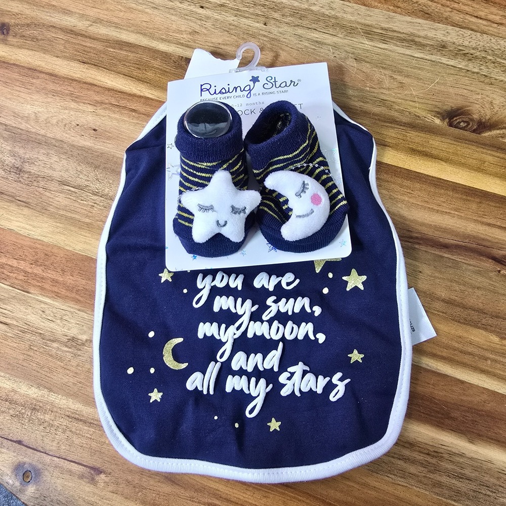 Rising Star Infant Sock & Bib Set Celestial Moon Stars 0-12 months Navy Blue